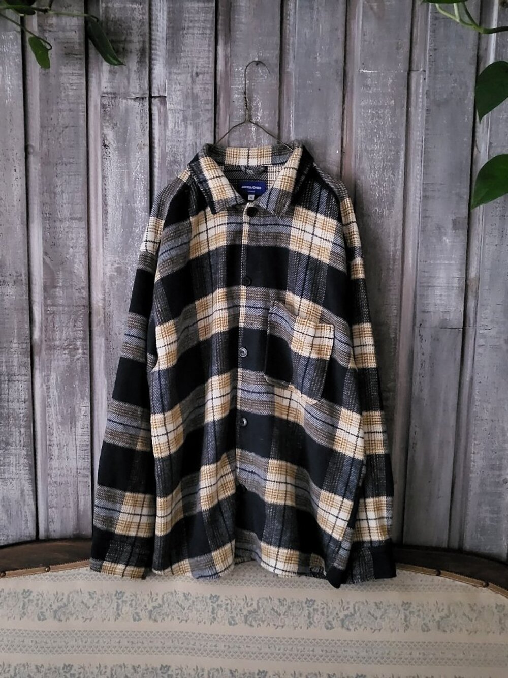 JACK & JONES Men's Plaid Flannel Overshirt Jacket Size XL Blue Brown